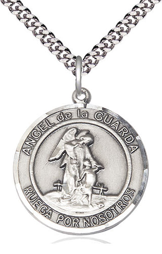 Sterling Silver Angel de la Guarda Medal Catholic Jewelry Engraved Catholic Saint Jewelry