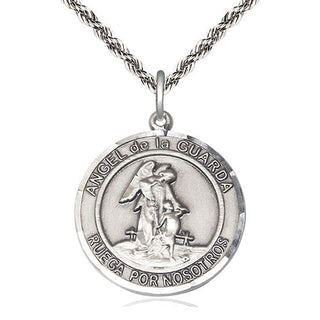 Sterling Silver Angel de la Guarda Medal Catholic Jewelry Engraved Catholic Saint Jewelry