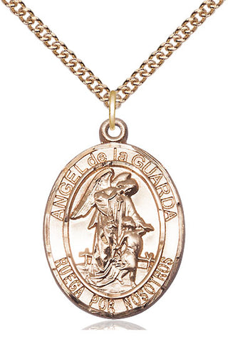 14kt Gold Angel de la Guarda Medal Engraved Catholic Saint Jewelry