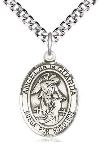Pewter Angel de la Guarda Medal Catholic Jewelry Engraved Catholic Saint Jewelry