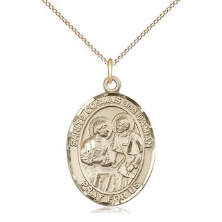 14kt Gold Saints Cosmas & Damian Medal Engraved Catholic Saint Jewelry