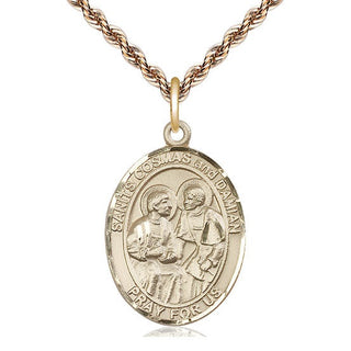 14kt Gold Saints Cosmas & Damian Medal Engraved Catholic Saint Jewelry