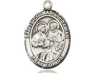 Pewter Saints Cosmas & Damian Pendant on an 24-inch Light Rhodium Heavy Curb Chain Engraved Catholic Saint Jewelry