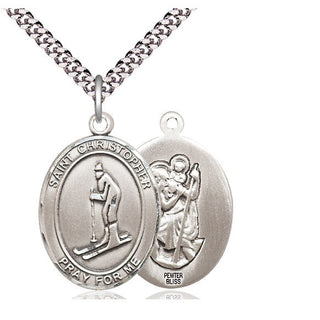 Pewter Saint Christopher Skiing Medal Catholic Jewelry