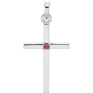14K White Natural Pink Tourmaline Cross Pendant