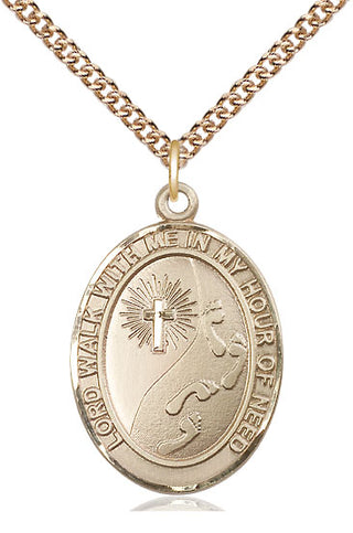 14kt Gold Filled Footprints Cross Medal Catholic Jewelry Engraved Catholic Saint Jewelry