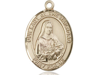 14kt Gold Our Lady of the Railroad Medal Engraved Catholic Saint Jewelry