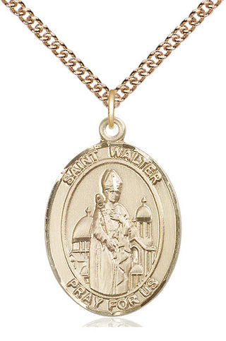 14kt Gold Saint Walter of Pontnoise Medal Engraved Catholic Saint Jewelry