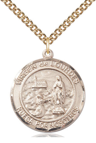 14kt Gold Virgen de Lourdes Medal Engraved Catholic Saint Jewelry