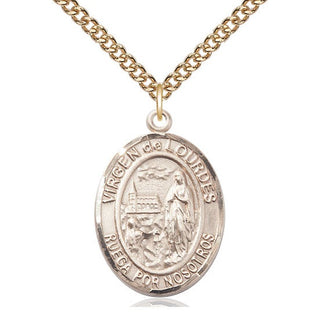 14kt Gold Virgen de Lourdes Medal Engraved Catholic Saint Jewelry