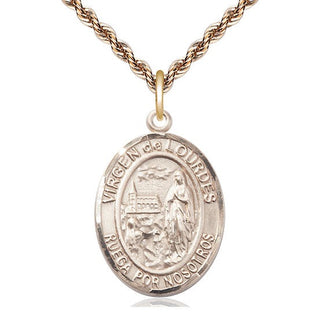 14kt Gold Virgen de Lourdes Medal Engraved Catholic Saint Jewelry