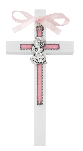 6-inch Blue Baby Girl On White Wood Cross Boxed