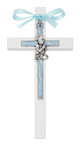 6-inch Blue Baby Boy On White Wood Cross Boxed