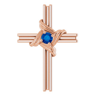 14K Rose Natural Blue Sapphire Cross Pendant 