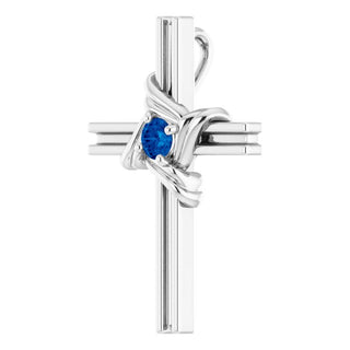 14K White Natural Blue Sapphire Cross Pendant 