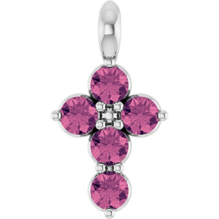 14K White Natural Pink Tourmaline Cross Pendant