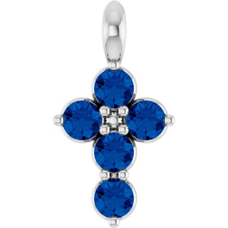 14K White Natural Blue Sapphire Cross Pendant