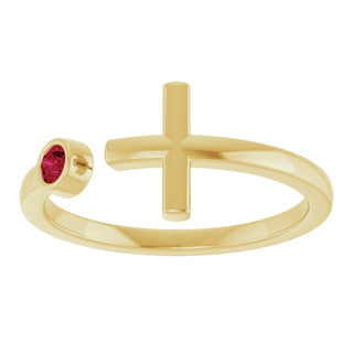 14K Yellow Lab-Grown Ruby Negative Space Cross Ring