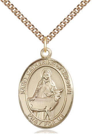 14kt Gold Saint Catherine of Sweden Medal Engraved Catholic Saint Jewelry