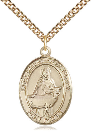 14kt Gold Saint Catherine of Sweden Medal Engraved Catholic Saint Jewelry