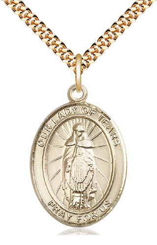 14kt Gold Filled Our Lady of Tears Medal Catholic Jewelry Engraved Catholic Saint Jewelry