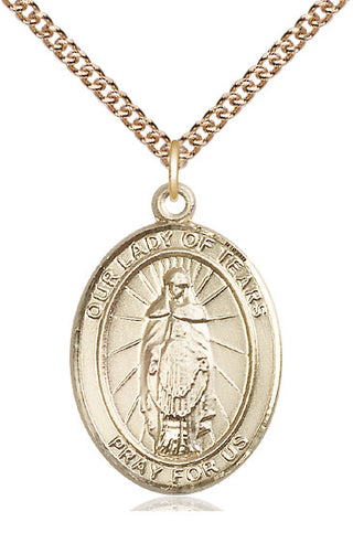 14kt Gold Filled Our Lady of Tears Medal Catholic Jewelry Engraved Catholic Saint Jewelry