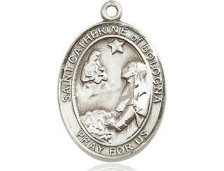 Pewter Saint Catherine of Bologna Pendant on an 24-inch Light Rhodium Heavy Curb Chain Engraved Catholic Saint Jewelry