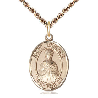 14kt Gold Saint Winifred of Wales Medal Engraved Catholic Saint Jewelry