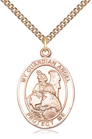 14kt Gold Guardian Angel Protector Medal Engraved Catholic Saint Jewelry
