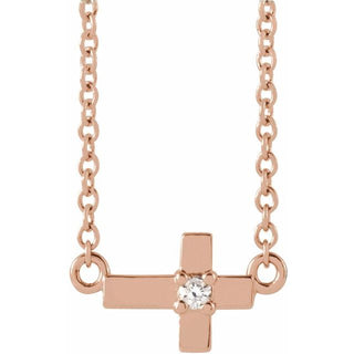 14K Rose .015 CT Natural Diamond Sideways Cross 16" Necklace