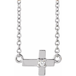 Sterling Silver .015 CT Natural Diamond Sideways Cross 16" Necklace