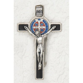 3-pack - Saint Benedict - Silver tone Crucifix - Visor Clip - Black Enamel - Pack of 3 - Enameled Medal