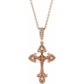 14K Rose Natural Citrine & .06 CTW Natural Diamond Cross 16-18" Necklace 