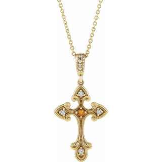 14K Yellow Natural Citrine & .06 CTW Natural Diamond Cross 16-18" Necklace 