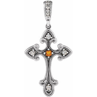 Platinum Natural Citrine & .06 CTW Natural Diamond Cross Pendant