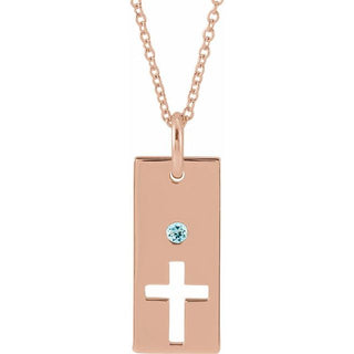 14K Rose Natural Aquamarine Cross Bar 16-18" Necklace