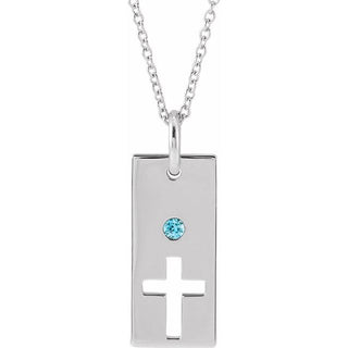 14K White Natural Blue Zircon Cross Bar 16-18" Necklace