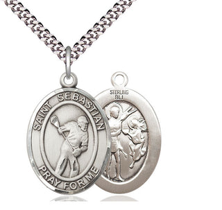 Sterling Silver Saint Sebastian Lacrosse Medal Catholic Jewelry