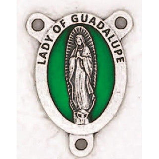 Bulk Lady of Guadalupe 3/4 Oval Silver Tone Rosary Center with Green Enamel