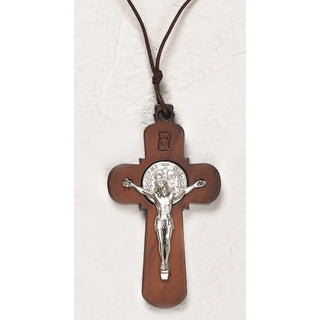 3 inch Brown Wood St Benedict Cross with Cord and Leaflet