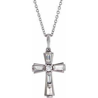 14K White 3/8 CTW Natural Diamond Baguette Cross 16-18" Necklace