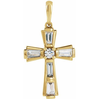 14K Yellow 3/8 CTW Natural Diamond Baguette Cross Pendant