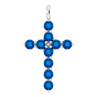 14K White Natural Blue Sapphire Cross Pendant