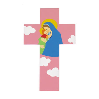 4-pack - 8 inch Wood Cross- Mary with Jesus- Pink