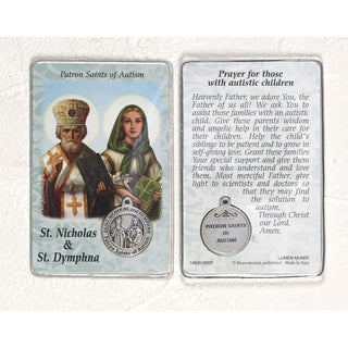 Bulk St. Nicholas/St. Dymphna Prayer Card with Medals - Healing Saint for Autism