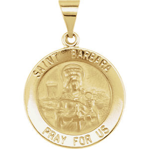 14K Gold 18 MM Round Hollow St. Barbara Medal