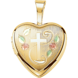 14K Yellow Gold-Plated Heart with Cross and Rose Locket July 31