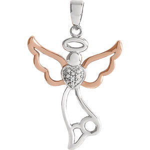 Sterling Silver & 14K Rose Gold Vermeil 29x17.8 MM Diamond Angel Pendant