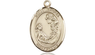 14kt Gold Saint Cecilia Medal Engraved Catholic Saint Jewelry