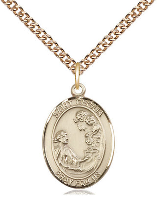 14kt Gold Saint Cecilia Medal Engraved Catholic Saint Jewelry